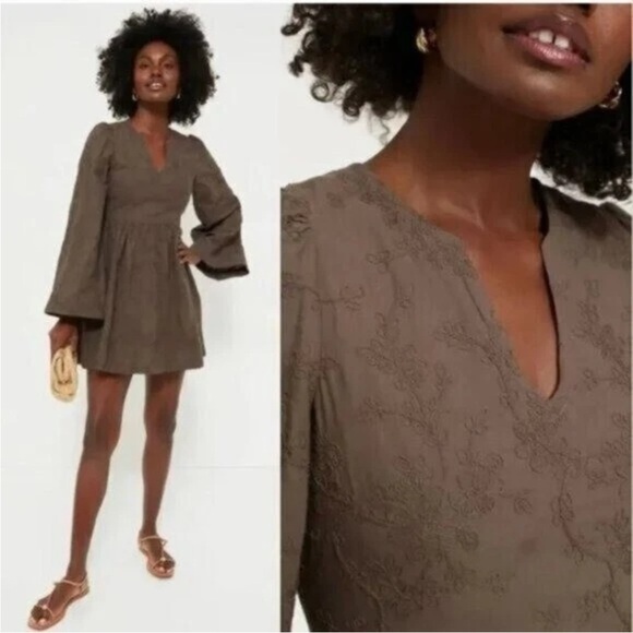 Hyacinth House Becca V Neckline Bell Sleeved Mini Dress Brown Textured XXL NEW - Picture 3 of 13